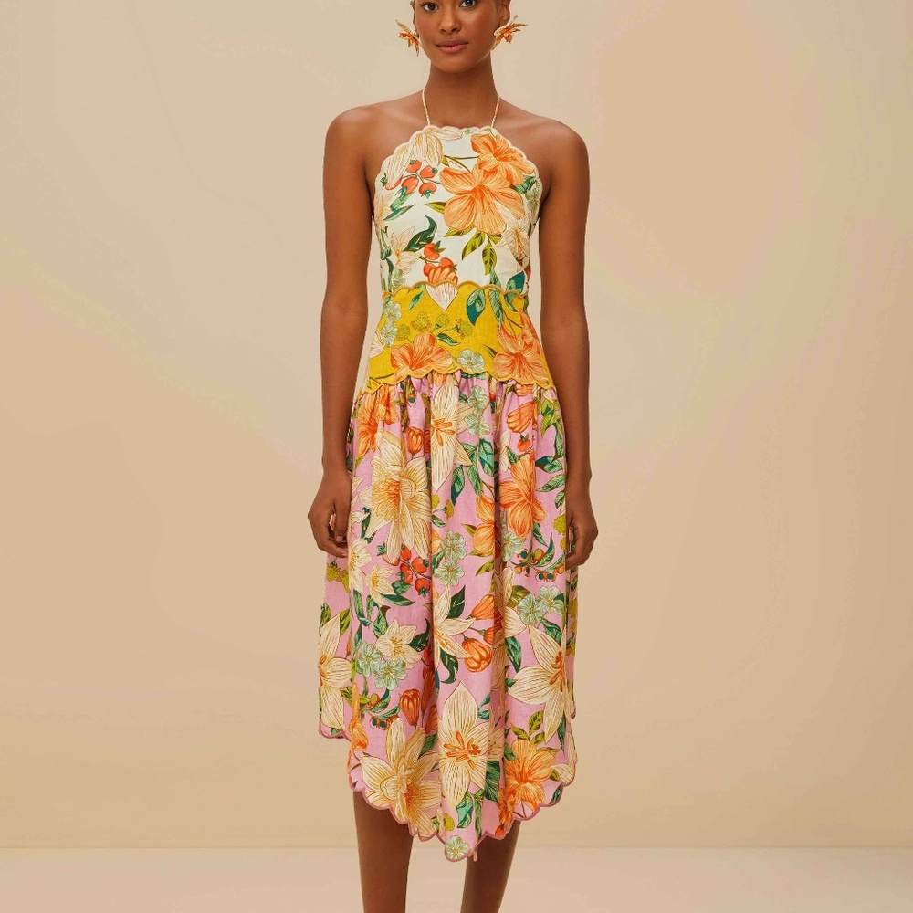Farm Rio Linen Sleeveless Midi Dress